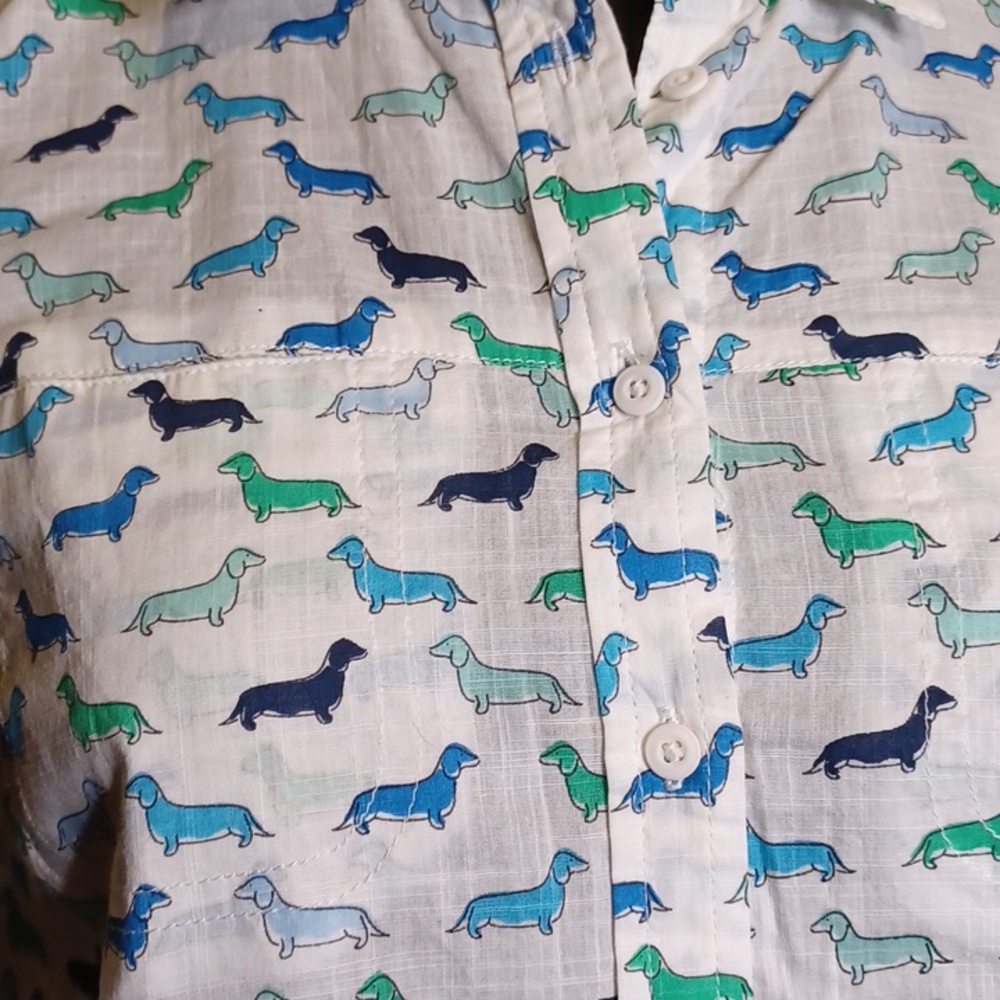 Sonoma Sleeveless Button-Down Shirt in White with Blue & Green Dachshund Print - Picture 3 of 4